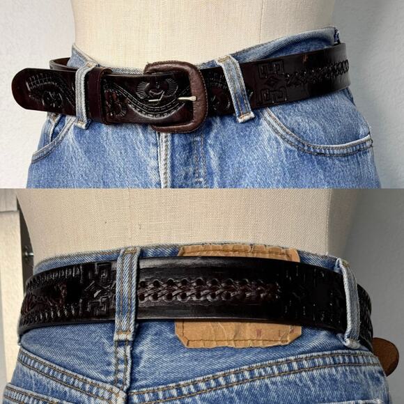 Vintage Tooled Leather Western Belt Dark Brown Size 34 Branded Geometric Mexico - Picture 1 of 7